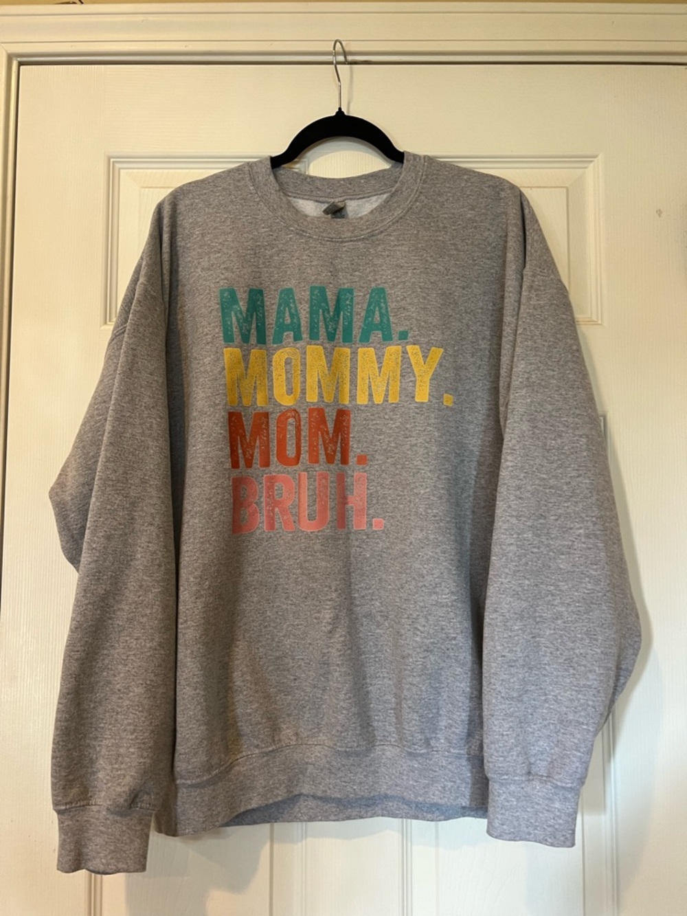 Gildan Heather Gray Sweatshirt with Teal, Yellow, Orange & Pink Text